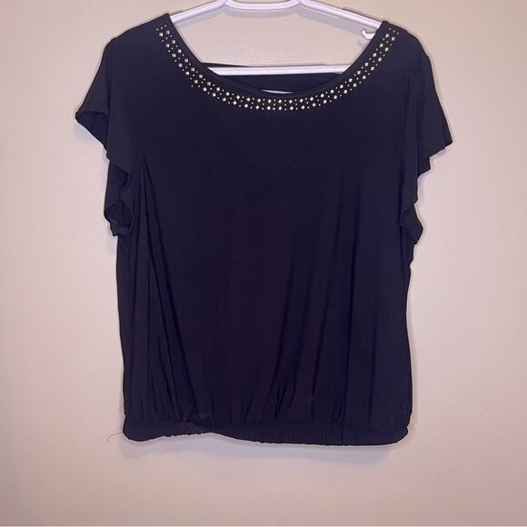 NY Collection Black Embellished Neckline Cutout Modest Blouse Short Sleeve PXL - Picture 1 of 11